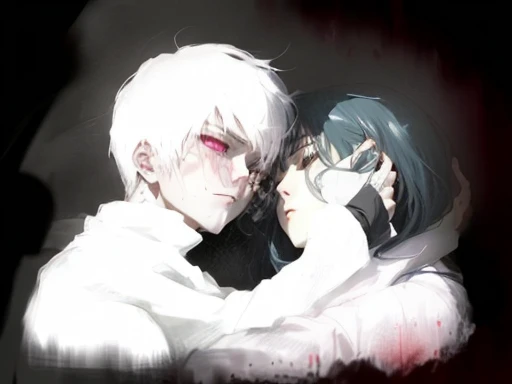 anime couple hugging in dark room with red light, frost clings to her skin, fanart, cold scene, very sad, pale and sickly, grim and gloomy lighting, hug, loish |, by Shingei, sad!, pixivs and junji ito, fanart ”, epic feels, official fanart, unfinished, sa...