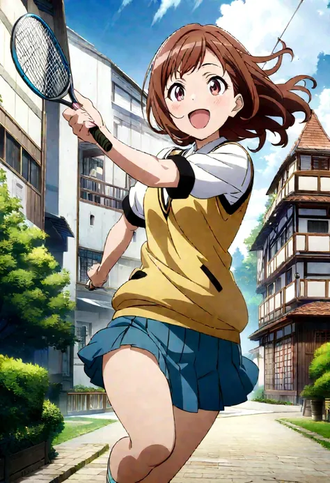 Anime girl wearing badminton playing badminton in the park，The background is a building, The Idolmaster, Official Artwork, Official Anime Artwork, high detailed Official Artwork, Official Art, Kyoto Animation key visual, Propaganda Art, Holographic Live Br...