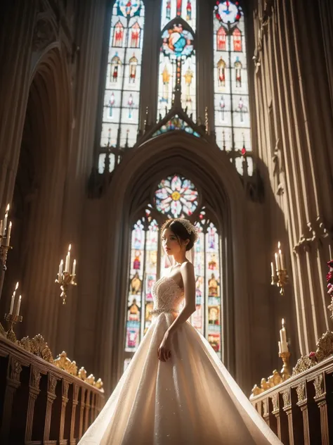 A woman, looking ethereal with her subtle stance and luminous skin, is clad in an enchanting white wedding dress exquisitely adorned with pearls and diamonds. She stands in the aisle of the monumental, age-old cathedral, relishing the mild light shimmering...