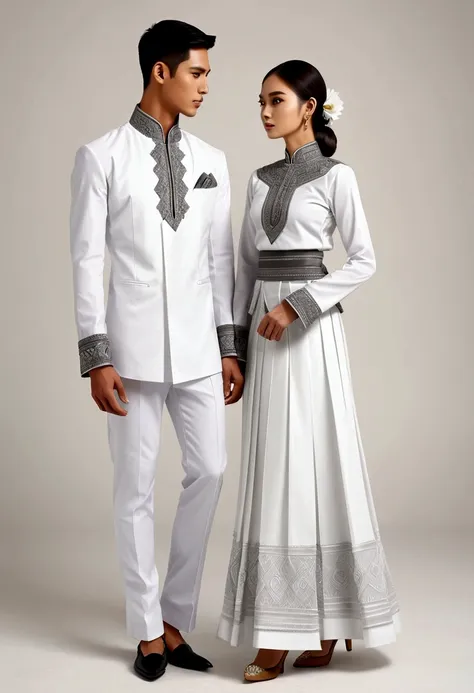 candid fashion illustration of two young man and women, adorned in a meticulously crafted north thai traditional outfit, stands ...