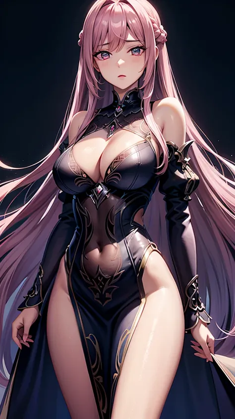 best quality, masterpiece, Big , (Large Breasts), Delicate skin texture, Detailed fabric texture, Delicate face, Super Detail, 8K, Intricate details, 1 Girl, 30 years old, High contrast, High resolution eyes, Pink Hair Goddess，Royal sister，Sexy，Long legs。