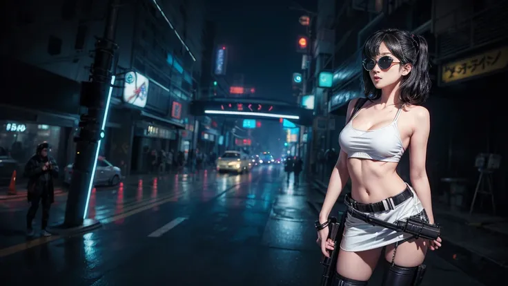 8k, Realistic Skin Texture, Realistic Photo, Neo Tokyo, slim women, large-breast:1.4 cleavage:1.3, AD2050 at night, Dirty hunting jacket, Wearing tube top, miniskirt, (((black sunglasses, automatic rifle, sneakers, cold, shooting pose, very low angle view)...