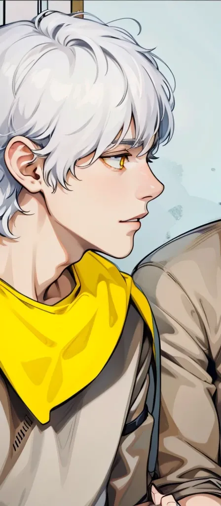 young man of 17 years white hair yellow eyes is talking thoughtfully