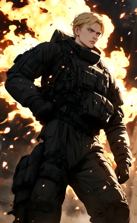 An adult man with blond hair and blue eyes wearing a black SWAT suit