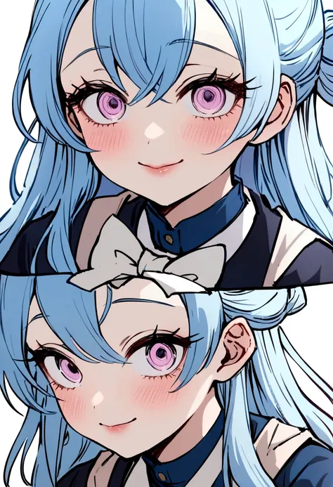 Masterpiece, Best quality, 1 girl, Kimetsu no Yaiba style,  hashira blue uniform, vwearing haori,  light blue hair,  long hair,   blue hair, smile,  cute,  light pink eyes,  light pink eyes ,  beautiful,  lips,  white bow,  half-tied hair,  close-up,