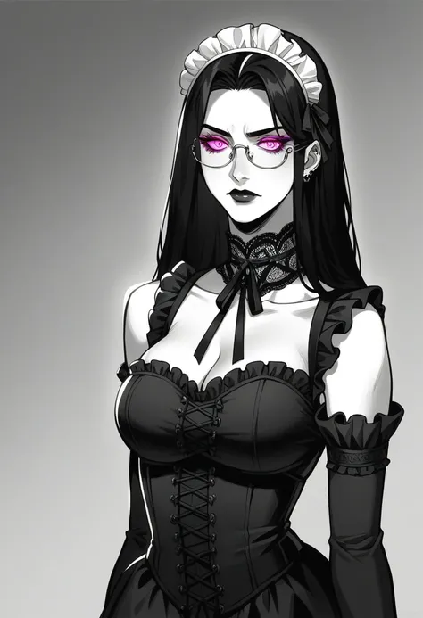 Gere imagens de: obra-prima, melhor qualidade, alta-resolução, foto em 8K. mature, stunning gothic maid, long flowing black hair, piercing intense violet eyes glowing in the dark, elegant eyeglasses, porcelain skin, intricate lace maid outfit, form-fitting...