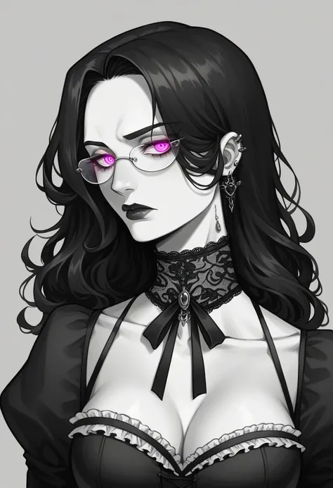 Gere imagens de: obra-prima, melhor qualidade, alta-resolução, foto em 8K. mature, stunning gothic maid, long flowing black hair, piercing intense violet eyes glowing in the dark, elegant eyeglasses, porcelain skin, intricate lace maid outfit, form-fitting...