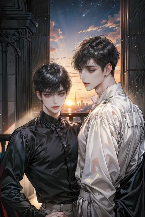 ((4K works))、​masterpiece、(top-quality)、One Beautiful Boy、Slim body、tall、((Black Y-shirt and white pants、big ass,Charming street style))、(Detailed beautiful eyes)、Stylish English Black Balcony、Castle inhabited by villains、Black shop window、Balcony at night...