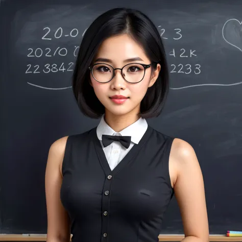 a lovely vietnamese woman, 25 years old, wearing glasses, cute face, black eyes, black shoulder length hair, slutty teachers out...