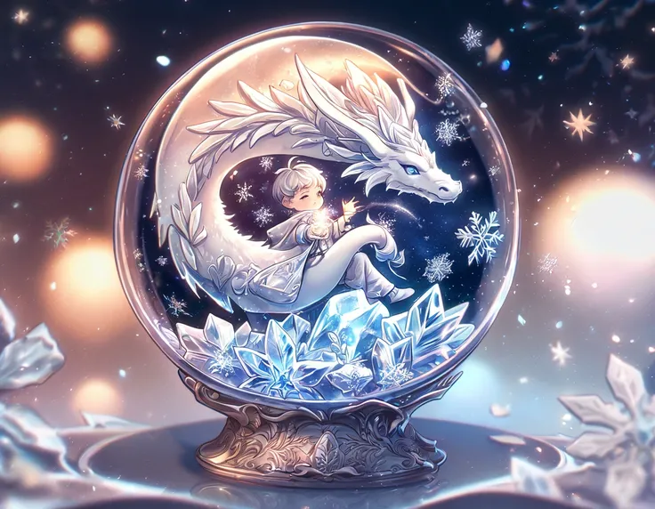 absurdres, highres, ultra detailed, HDR, master piece, best quality, smol white dragon, cute, solo, magic, ice flowers, snowflakes, ice, magical, fantasy, glass, ice moon, starry sky, ice style