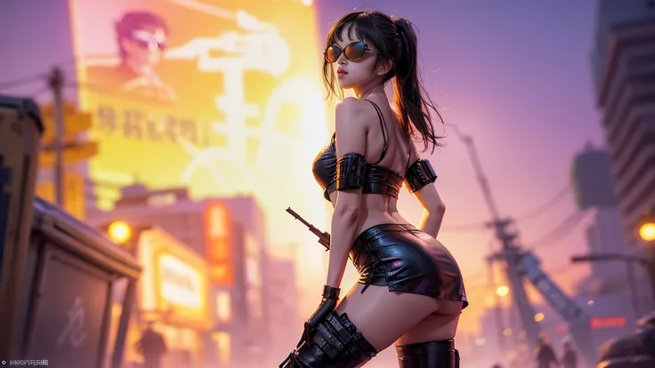 8k, Realistic Skin Texture, Realistic Photo, Neo Tokyo, slim women, large-breast:1.4 cleavage:1.3, AD2050 at night, Dirty hunting jacket, Wearing tube top, miniskirt, (((black sunglasses, automatic rifle, sneakers, cold, shooting pose, very low angle view)...