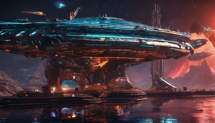 The station is a colossal factory shipyard with a blend of dark beach orange and metallic accents, creating a stunning contrast against the blackness of space. The overall ambiance of the scene is cinematic and realistic, immersing the viewer in a breath, ...