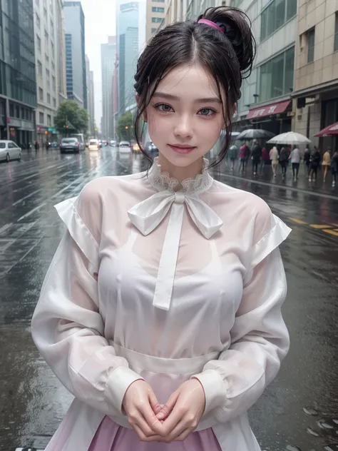 ((best quality, 8K, masterpiece: 1.3)),upper body,Black Hair, black eye,sharp focus: 1.2, beautiful woman with a perfect body: 1.4, ((ponytail, large: 1.2)), (small and beautiful hard (White long sleeve blouse with lace、Silk Tight darkmagenta long skirt), ...