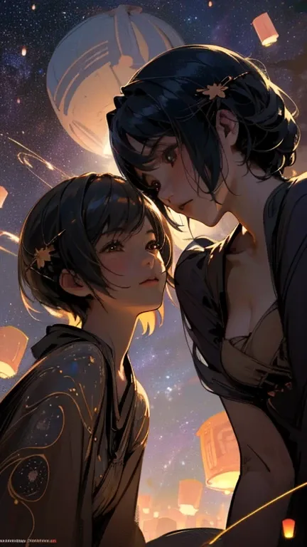 nsfw, Masterpiece, top quality, highly detailed, Photorealistic style, Chiaroscuro style, backlighting, 

2 girls, A lesbian couple in yukata,
looking at the camera,
A close-up of their beautiful faces,

(Lots of fireworks all over the sky,
Many Lanterns f...