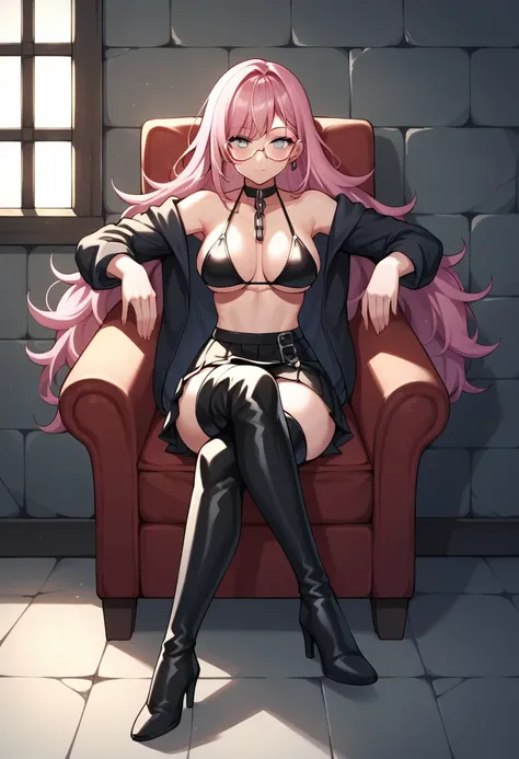 score_9, score_8_up, score_7_up, score_6_up, score_5_up, score_4_up, source_anime, 1woman, pink hair, loose hair, white eyes, glasses ,close mouth, w-w-chain, spread arms, crossed legs, long hair, black bikini, skirt,jacket, evening,thigh high boots, black...