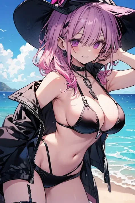 perfect face, perfect hands. A pink haired female reaper with violet eyes and an hourglass figure in a leather bikini is posing on the beach with a big smile