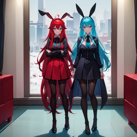 ((best quality)), ((masterpiece)), (detailed), perfect face, perfect body, 1girl, red long hair, cyan eyes, ((black bunny girl))...