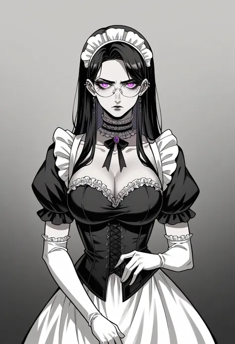 Gere imagens de: obra-prima, melhor qualidade, alta-resolução, foto em 8K. mature, stunning gothic maid, long flowing black hair, piercing intense violet eyes glowing in the dark, elegant eyeglasses, porcelain skin, intricate lace maid outfit, form-fitting...