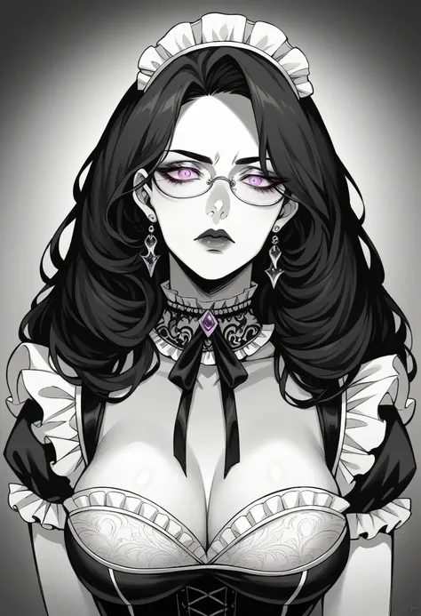 Gere imagens de: obra-prima, melhor qualidade, alta-resolução, foto em 8K. mature, stunning gothic maid, long flowing black hair, piercing intense violet eyes glowing in the dark, elegant eyeglasses, porcelain skin, intricate lace maid outfit, form-fitting...