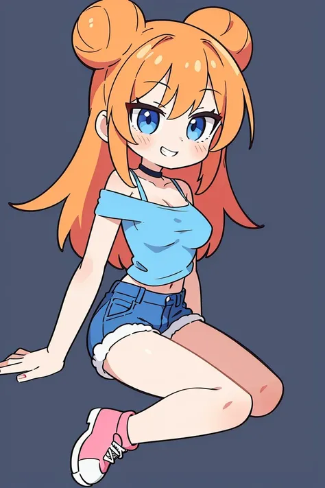 1girl, solo, orange hair, twin buns, blue eyes, eyeliner, light grin, medium breasts, pink t-shirt, black choker, bare shoulders, denim shorts, light blue sneakers