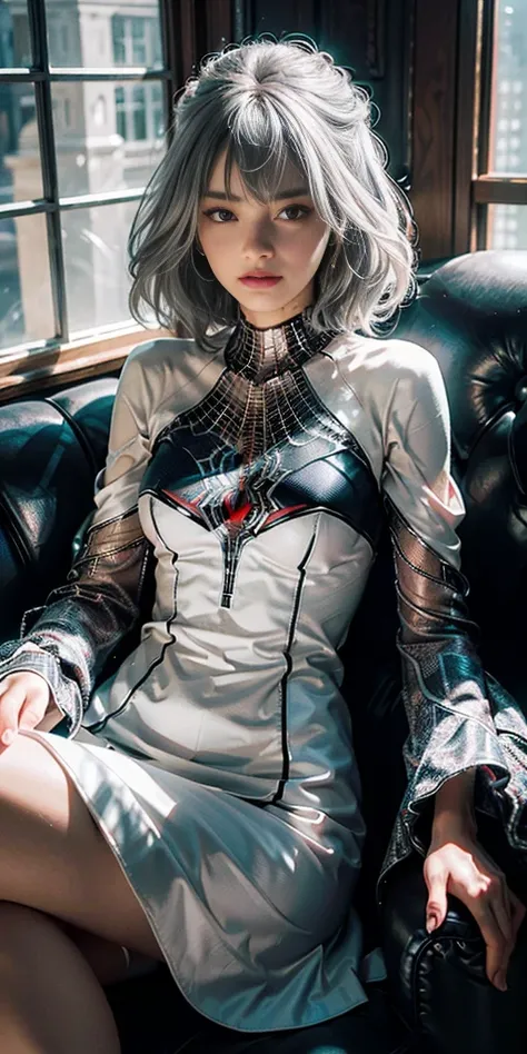 (Extreme Detail CG Unity 8K wallpaper, masterpiece, highest quality), (Exquisite lighting and shadow, highly dramatic picture, Cinematic lens effect), a girl in a white Spider-Man costume, silver gray hair color, from the Spider-Man parallel universe, Weng...