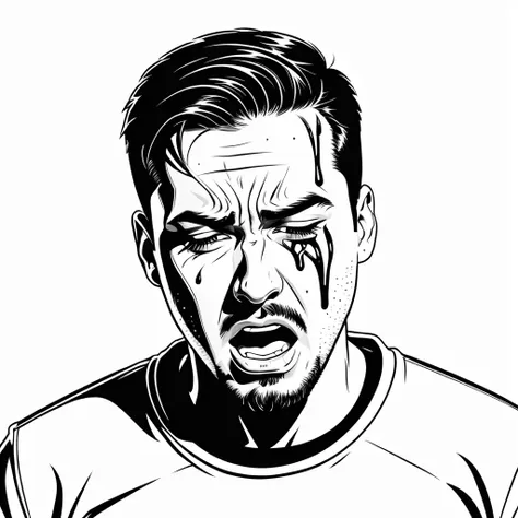 bad guy crying after being shot, coloring page, black and white, white background