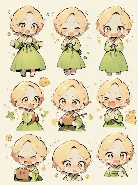 little girl, green hanbok, classical and delicate, bust, chibi, 9 poses and expressions, emoticons [dizzyhappy, angry, crying, s...