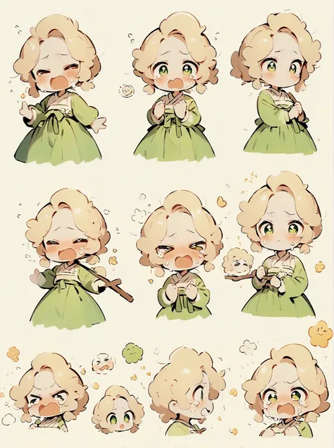 little girl, green hanbok, classical and delicate, bust, chibi, 9 poses and expressions, emoticons [dizzyhappy, angry, crying, s...