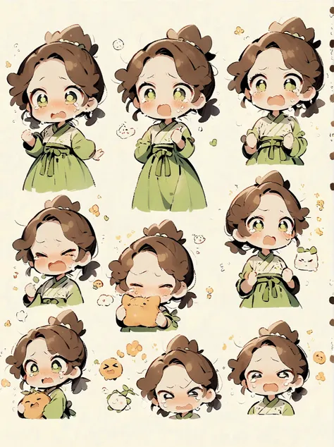 little girl, green hanbok, classical and delicate, bust, chibi, 9 poses and expressions, emoticons [dizzyhappy, angry, crying, s...