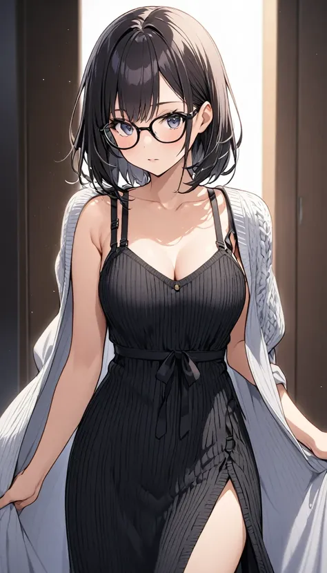 short、Black-rimmed glasses、Knit maxi dress、Bra straps on shoulders