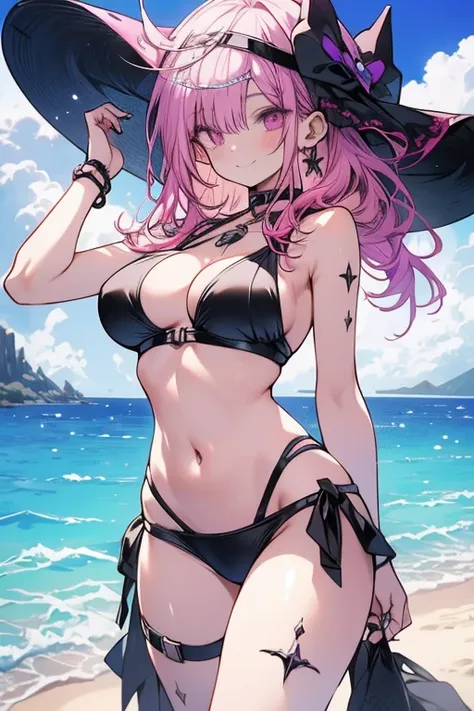 perfect face, perfect hands. A pink haired female reaper with violet eyes and an hourglass figure in a leather bikini is posing on the beach with a big smile
