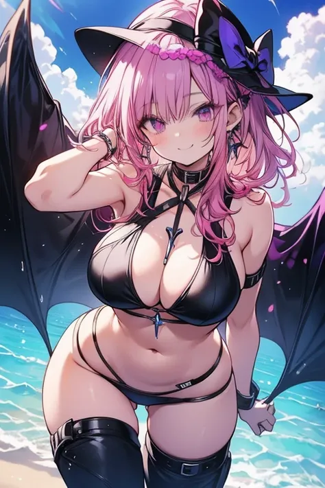 perfect face, perfect hands. A pink haired female reaper with violet eyes and an hourglass figure in a leather bikini is posing on the beach with a big smile
