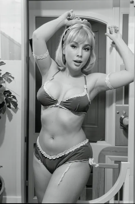 drunk young barbara eden, drunk jeannie from 60s tv show I Dream of Jeannie, jeannie outfit from tv show, massive tits, slumped drunkenly against door, house from show, drunk facial expressions, drunk gestures, "Wooo hoooo! Hello mashter.....hiccup! drunk ...