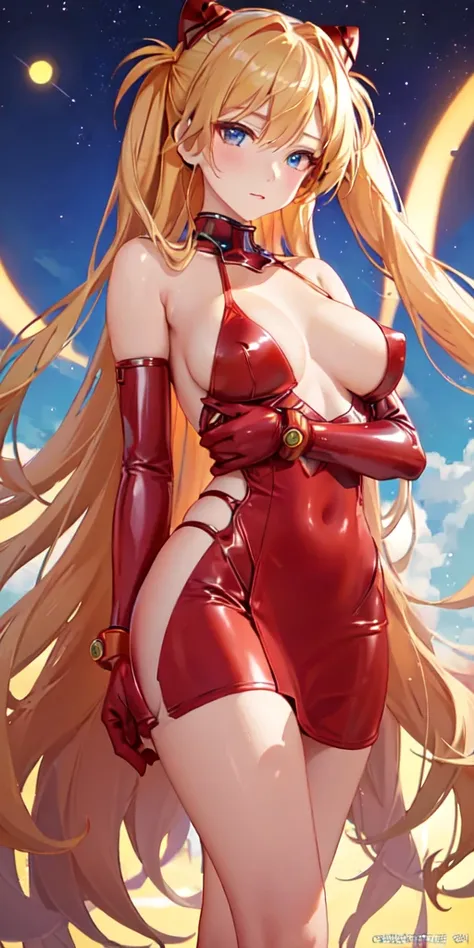 very detailed, illustration, enlargement, upright, 1 woman, 
 ((Sour Asuka Langley, interface headset, red latex miniskirt:1.4, blonde)),Her eyes shone like dreamy stars,(shining eyes:1.233),(beautiful and delicate eyes:1.1),(expressionless,closed mouth),(...