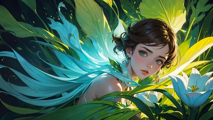 32k, Masterpiece, Highest quality, One girl, Brown Hair, Detailed eyes, flower,Amaryllis, Blue and green style,A dreamy, romantic piece,Pale yellow, Mysterious Leaves,A playful arrangement,Fantasy,High Contrast,Ink strokes,explosion,Exposure, Impression of...