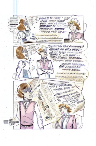 a drawing of a comic strip with a woman talking to a man, comic book page, comic page, comic illustration, coloured comic, inside page of comic book, comic art ”, inspired by Kate Beaton, comic drawing, fan art, inspired by Eddie Campbell, by Brenda Chambe...