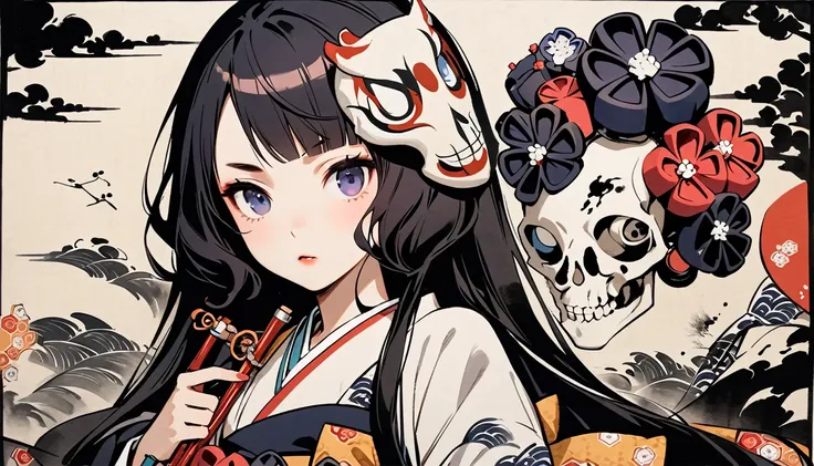 ((Put a skeleton mask on your face)), (((Highest quality))), (((Katsushika Hokusai))), (((Ink Painting))), ((very straight longhair)), ((1 girl)), ((beautiful girl)), Japanese style headphones, Black Hair, Delicate and precise, Modern ukiyo-e style