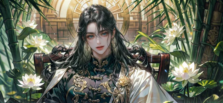 extraordinarily beautiful youth, a bright, innocent smile,All green clothing,(absurdres, highres, ultra detailed, HDR), masterpiece, best quality, (1 boy) , boy character ,((Thick black long hair)),beautiful face,detailed interior, detailed character,((man...