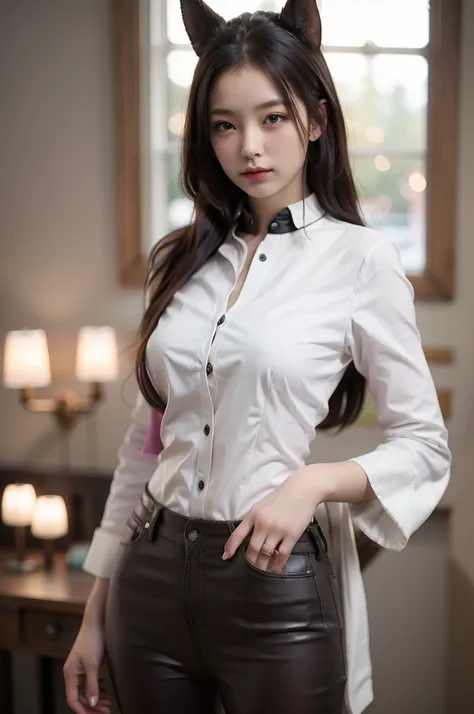 masterpiece, high resolution, beautiful woman, Korean Secretary, 30 years old, pants business only blaser suit, beautiful woman, cute, night, standing and looking at me, high resolution face, (high resolution eyes), big Breasts out, only blaser