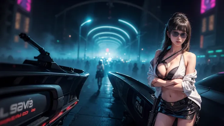 8k, Realistic Skin Texture, Realistic Photo, Neo Tokyo, slim women, large-breast:1.4 cleavage:1.3, AD2050 at night, Dirty hunting jacket, Wearing tube top, miniskirt, (((black sunglasses, automatic rifle, sneakers, cold, shooting pose, very low angle view)...