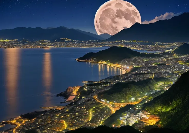 Fantastic scenery at night、Big Moon、Ocean、Mountain、town