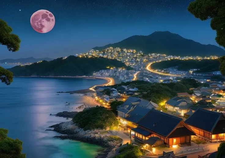 Fantastic scenery at night、Big Moon、Ocean、Mountain、town