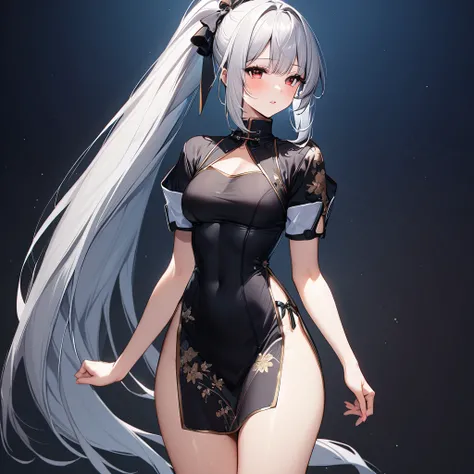 (masterpiece),(Highest quality),(Very detailed),(最高ofイラスト),(so beautiful), so beautiful長い脚, Thighs, Silver Hair, Red eyes, Very long hair, High Ponytail, Blue cloofs, China dress, Side slits, of_Pause