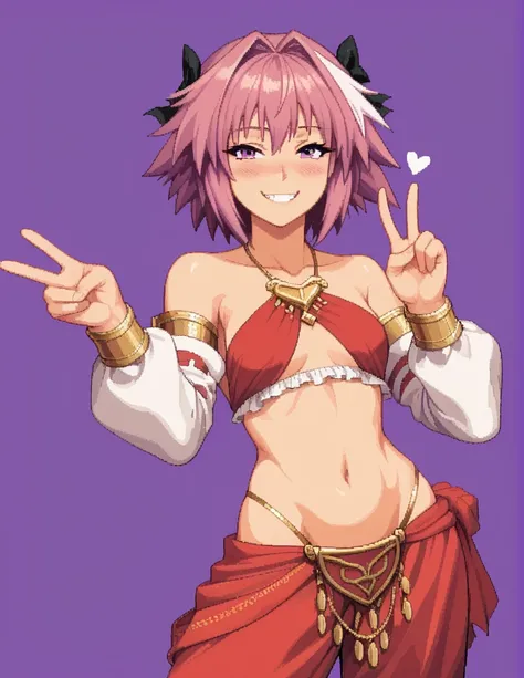 score_9, score_8_up, score_7_up, rating_safe, 1girl, solo, Pixel_Art, Fate/Apocrypha, Astolfo, purple eyes, purple hair, short hair, side bangs, no breats, revealing clothing, harem outfit, collarbone, backless, cross halter, necklace, loose sleeves, brace...