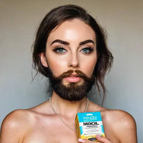 young, hugely bearded trans woman receives her package of minoxidil