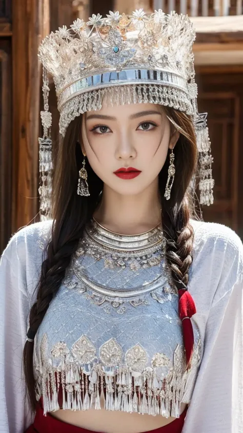 （8K，best quality，masterpiece：1.2），Ultra-high detail，Professional lighting，best quality，Ultra-high resolution，Visually stunning，（1 girl：1.1），（Miao clothing、hat），Real human skin，（Perfect body 1.3）Super delicate face。