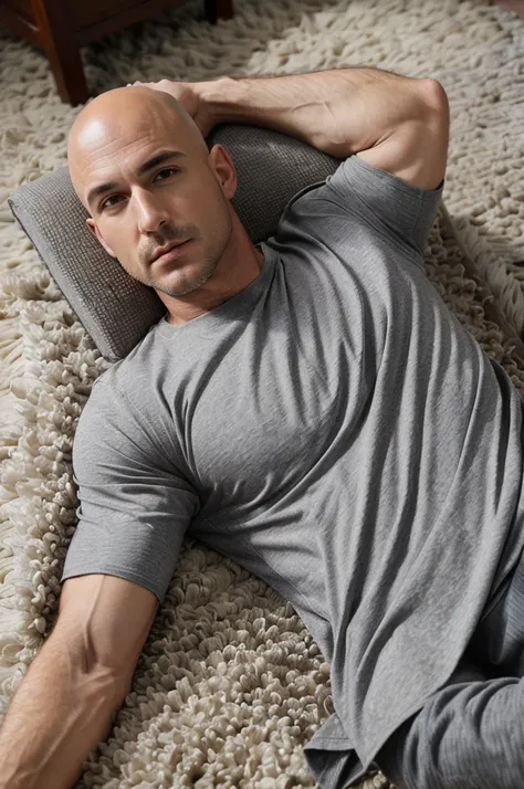 ((8k ((best quality)), ((masterpiece)), (very detailed), real face bald male muscular male upper body wear grey shirt resting on carpet