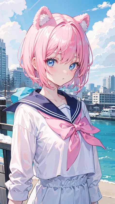 Ski Style, One girl, alone, Pink Hair, Animal ears, blue eyes, wing, View your viewers, bangs, short hair, bow, Sailor collar, white Sailor collar, hair bow, pink bow, Mouth closed, shirt, white shirt, Bear ears, Bobcut, mini wing, Portraiture, detached wi...