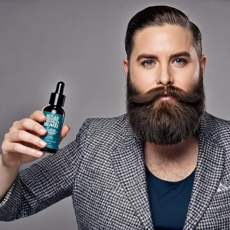 
clean and precise, hugely bearded woman receives her beard product