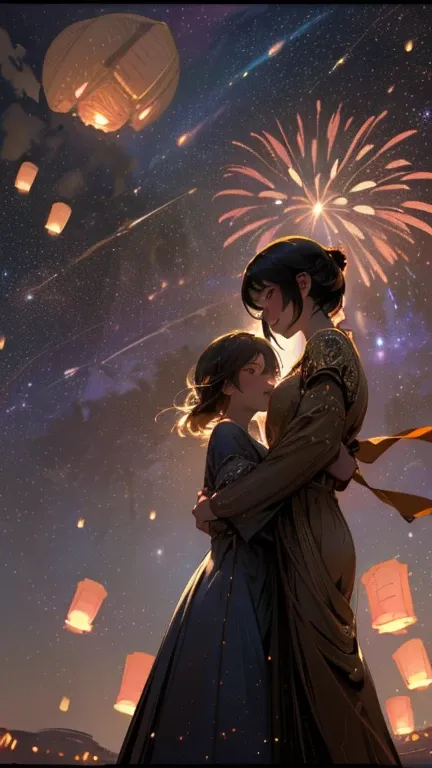 nsfw, Masterpiece, top quality, highly detailed, Photorealistic style, Chiaroscuro style, backlighting, 

2 girls, A lesbian couple in yukata,
looking at the camera,
A close-up of their beautiful eyes,

(Lots of fireworks all over the sky,
Many Lanterns fl...